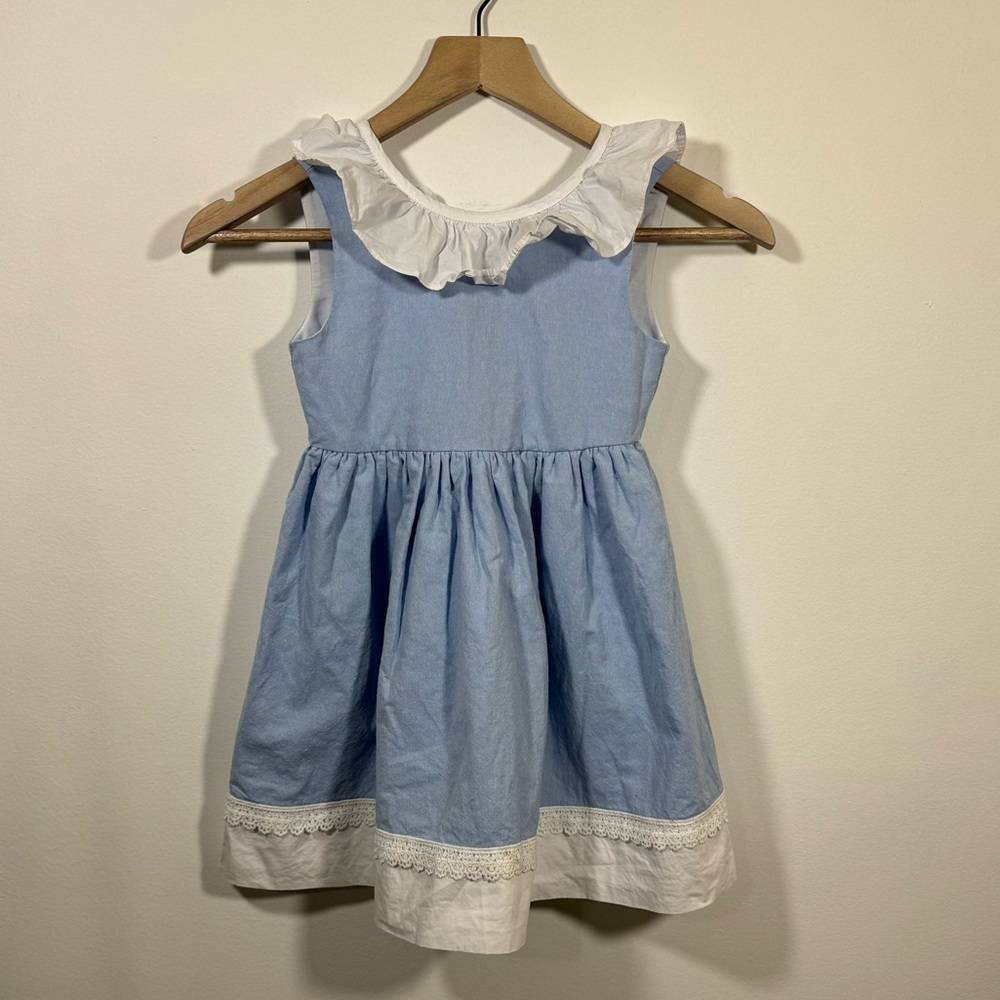 Catherine Malandrino Blue Denim Girls Dress Size 6 V Back with Ruffles & Big Bow